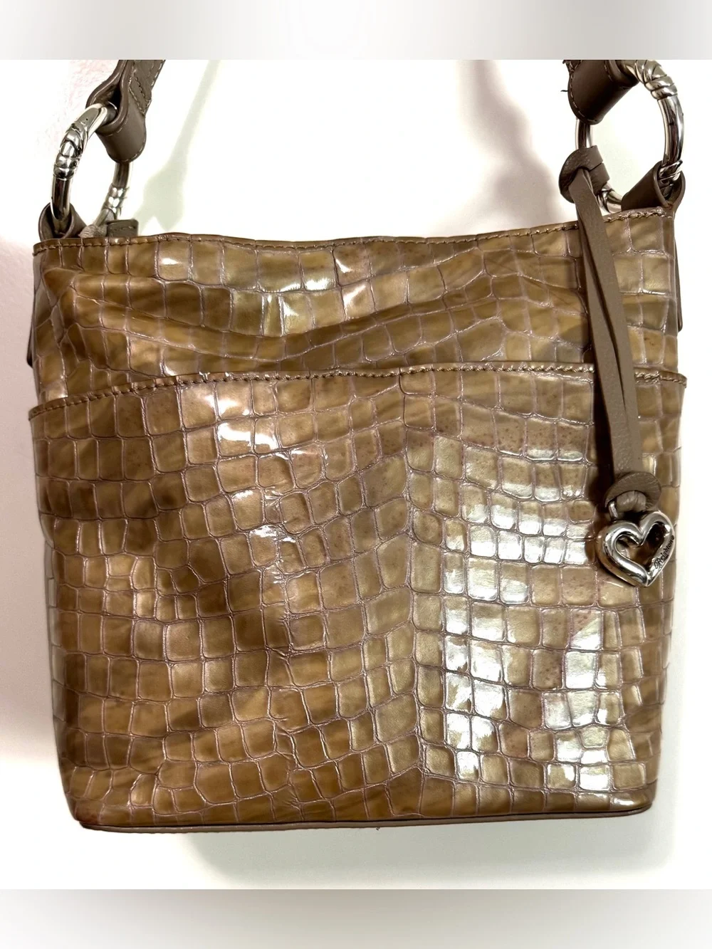 Brighton Cherie Croc Embossed Patent Leather Shoulder Bag Taupe
